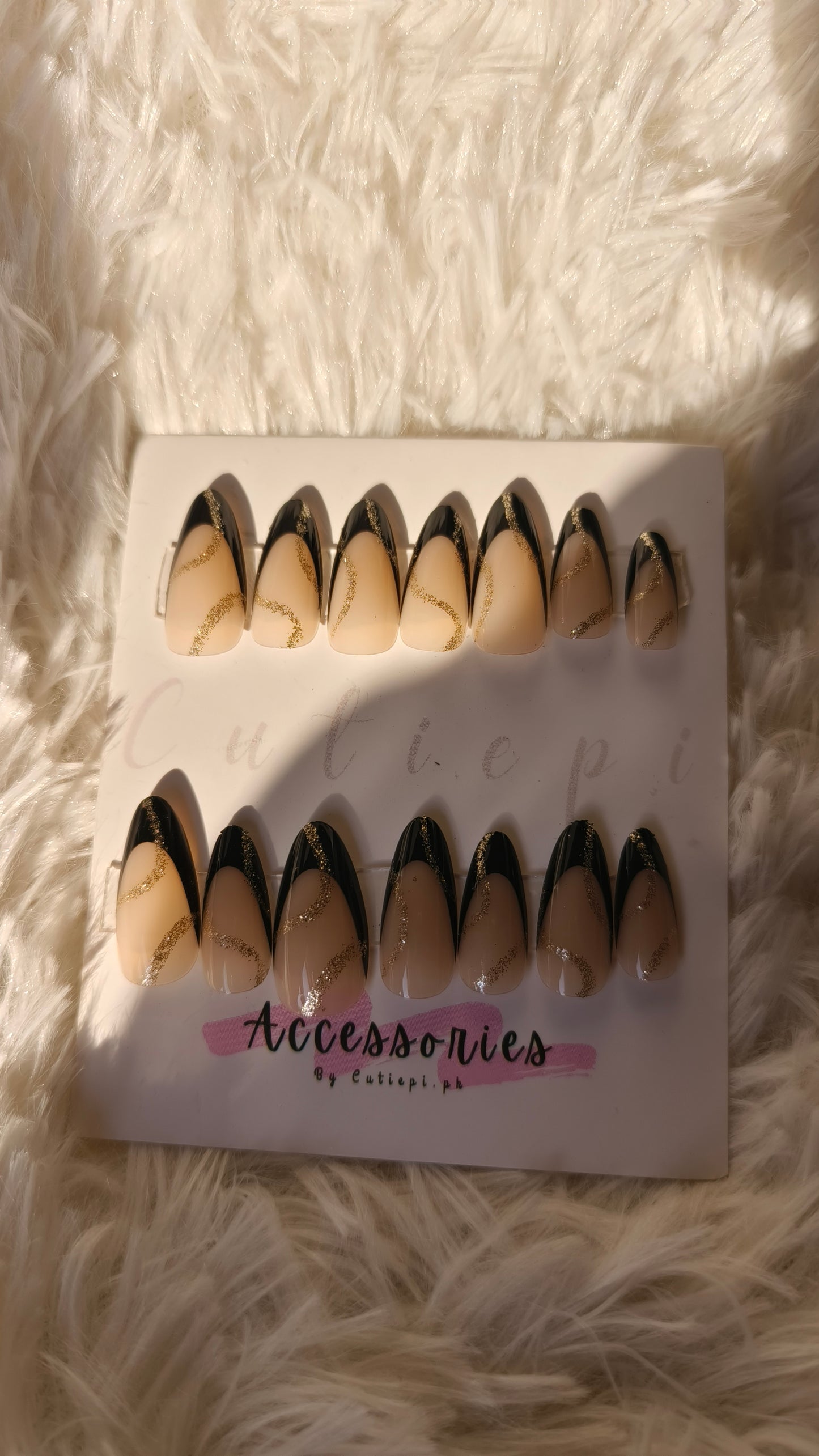 Black Tip with Golden Glitter Strips Press-On Nails – 24PCS Glam Style
