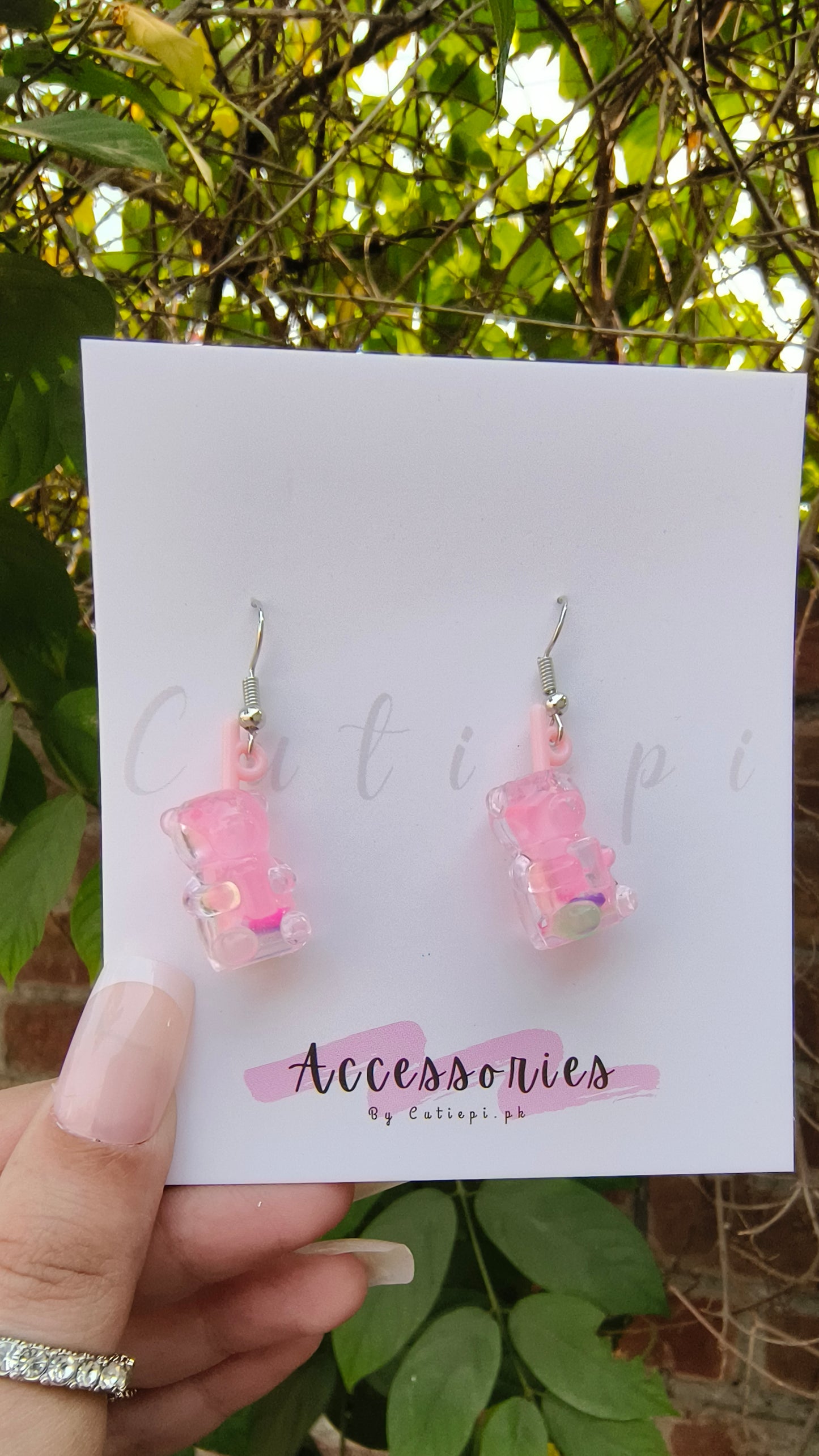 💖 Pink Transparent Teddy Bear Earrings –