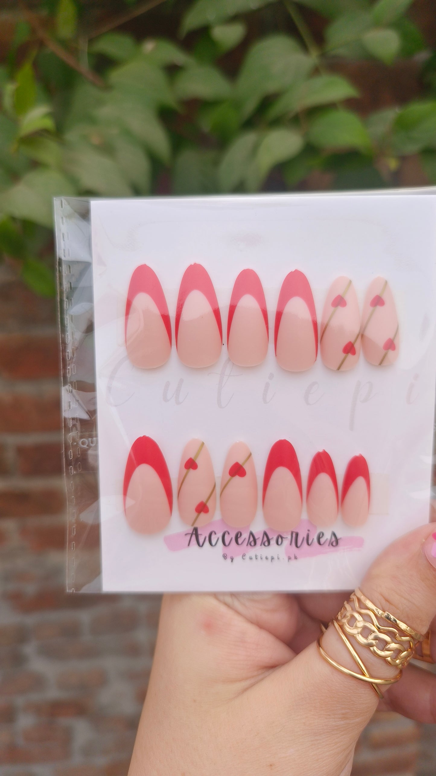 Golden Heart: Red French Almond Press-On Nails (24 Pcs)"