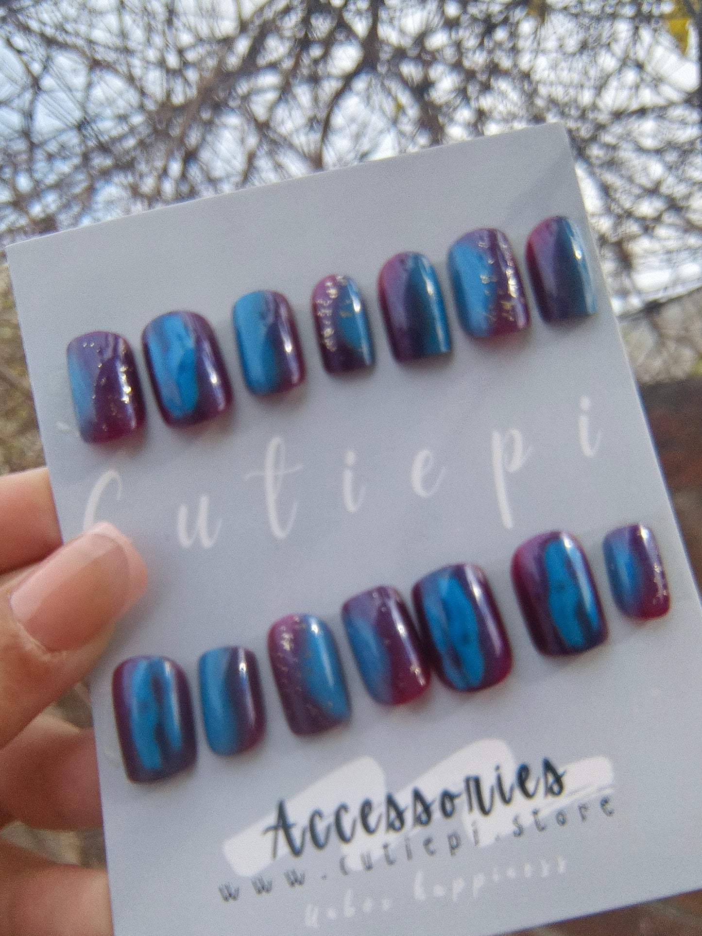 Mystic Purplish Blue Cat Eye Square Nails – 24pcs with Kit ✨💙
