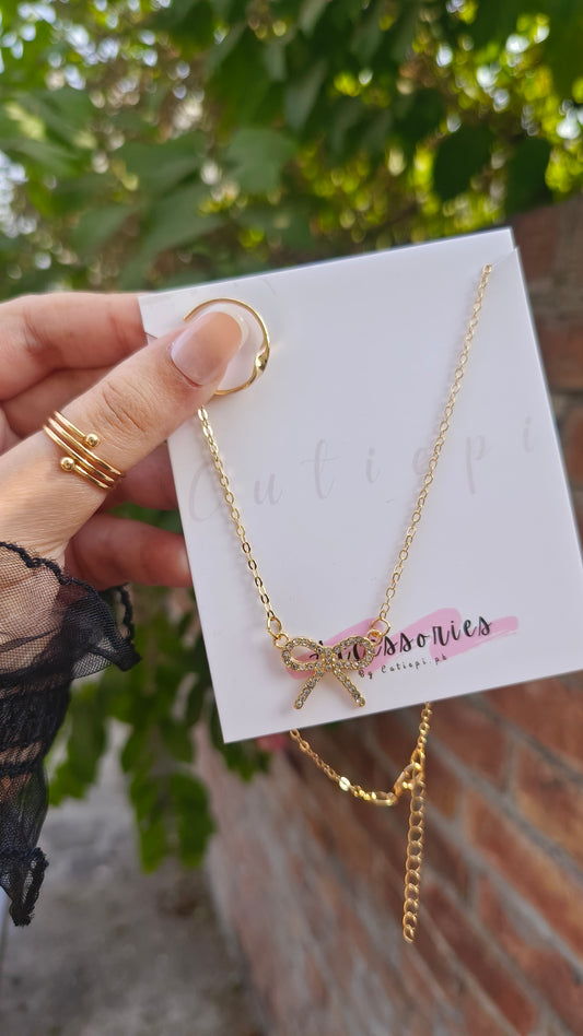 Sparkling Bow Pendant Necklace & Ring Set – Elegant Rhinestone Design