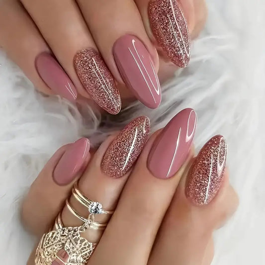 ✨ 24pcs Almond-Shaped Press-On Nails – Silvery Glitter & Pink with Jelly Gel Set 💅