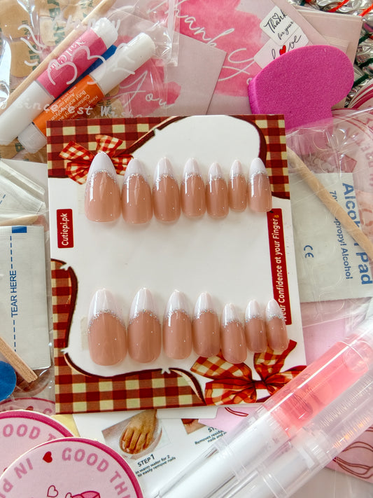Shimmery French-20pcs Hyper realistic Nails with Application Kit