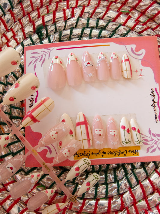 Strawberry delight-Premium Handmade Nail set with Application kit