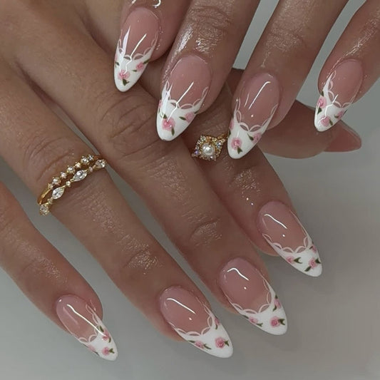 Floral French-20pcs Pretty French Nails with application kit