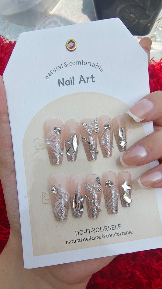 High-Quality Bridal Charm Attached Nails  – Elegant and Chic Design, 24pcs Set with application kit