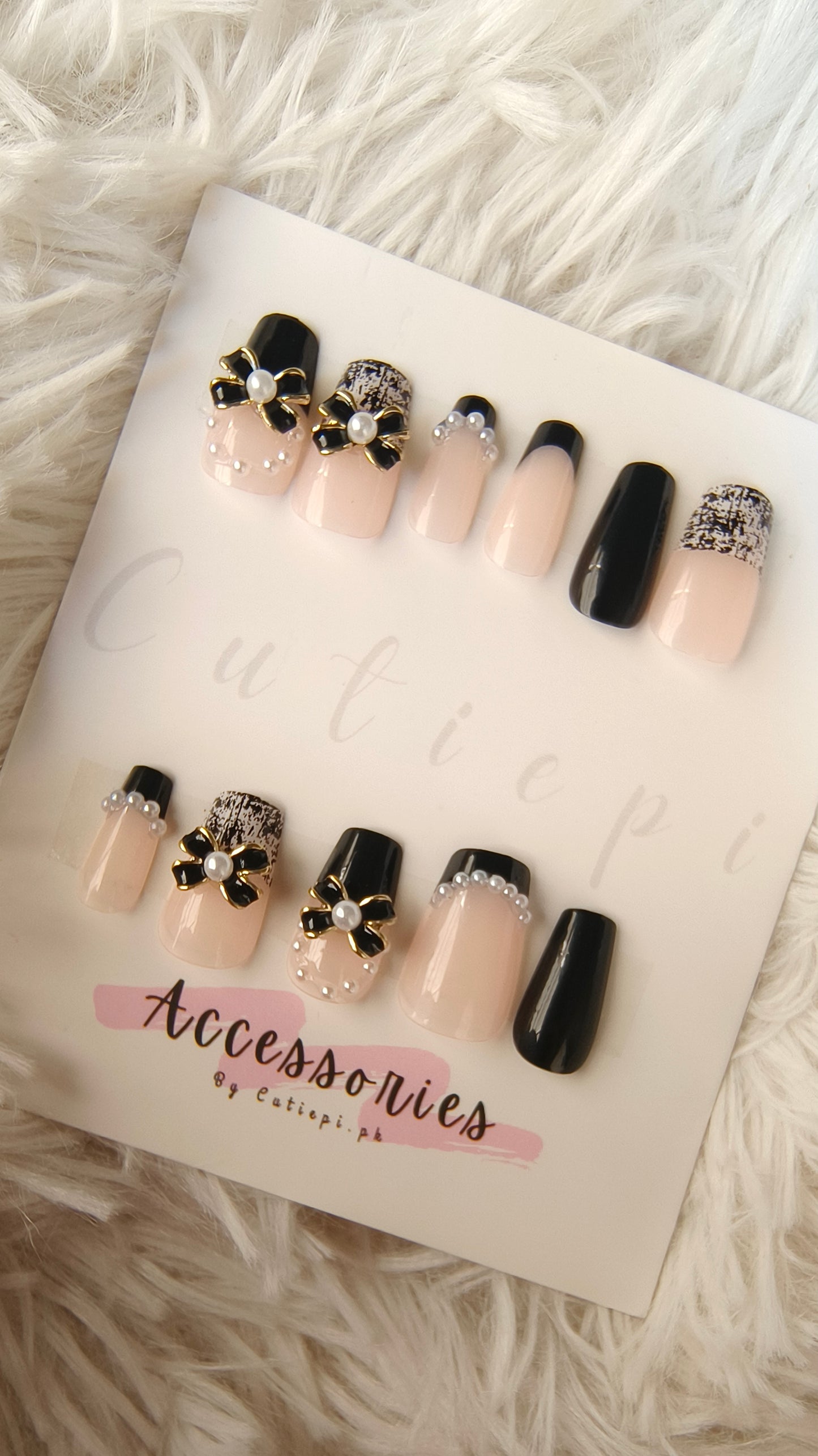 "Chic Black French Bow Nails with Pearl Charms – Elegant & Trendy Nail Art Set" 24pcs with kit