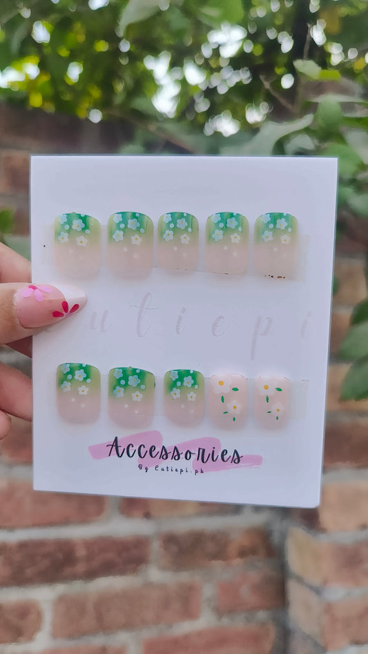 🌸 24 Pcs Green Floral Press-On Nails – Glossy Almond Shape for Easter 💅✨