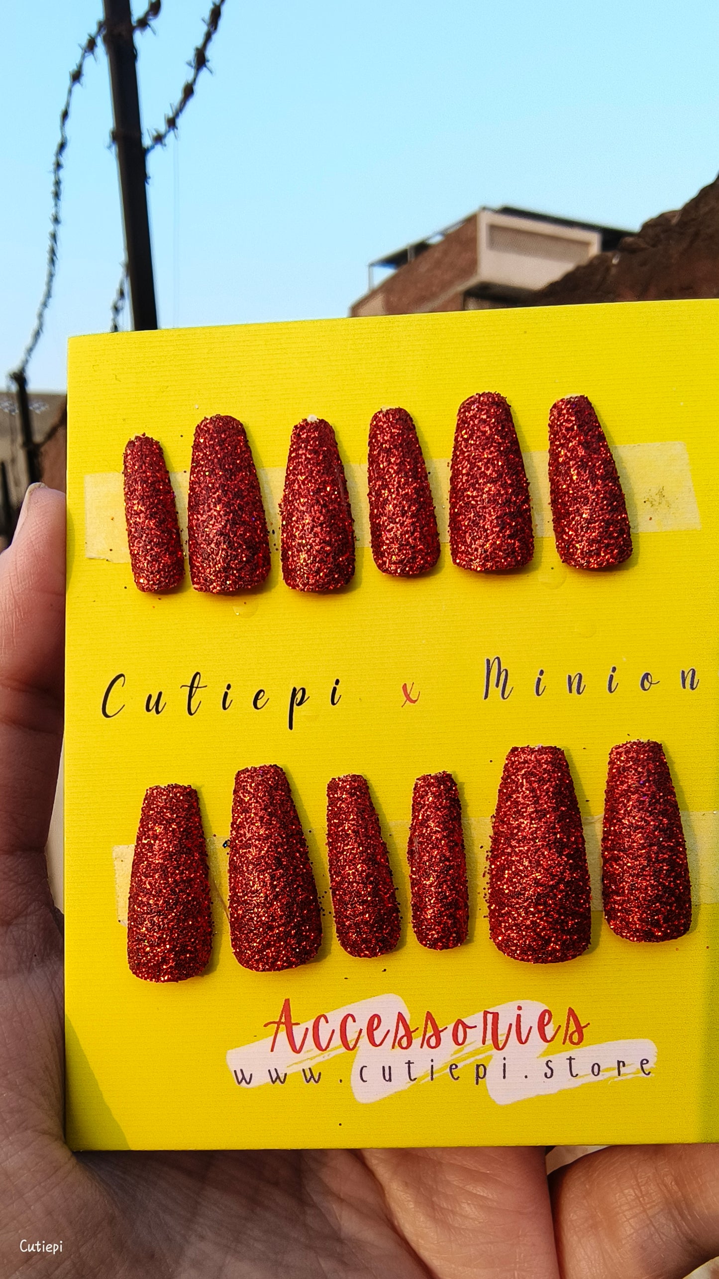 Ruby Gleam - 24pcs Full Glitter Red Rectangular Nails