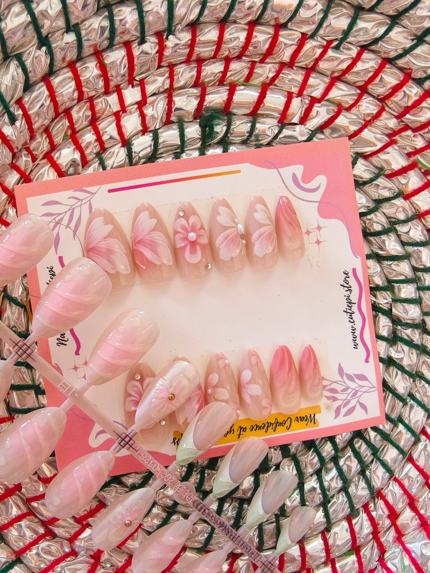 Floral Pink- Premium 3d Handmade Nails with Application kit