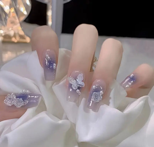 Purple Nails with Heart, Butterfly & Petal Charms - 24pcs with Application Kit"