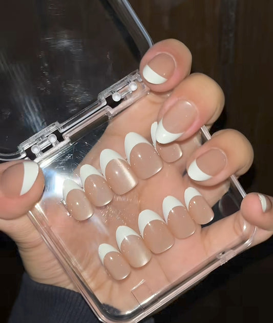 Bridal French- 15 pcs Glossy Handmade nails with application kit (Limited Stock)