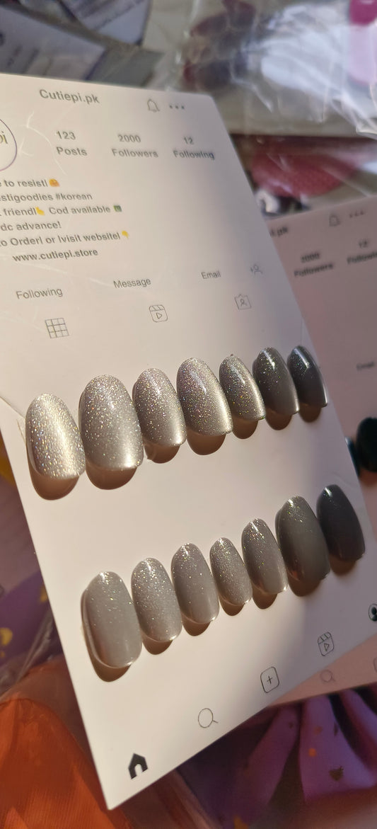 Smoky Grey Cat Eye Nails – 24pcs with application Kit