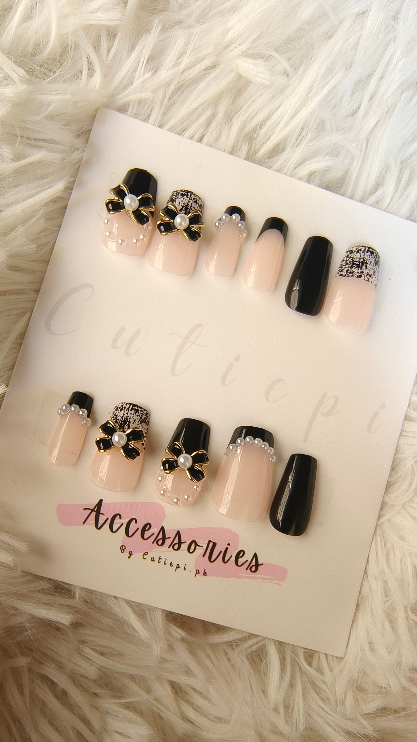 "Chic Black French Bow Nails with Pearl Charms – Elegant & Trendy Nail Art Set" 24pcs with kit