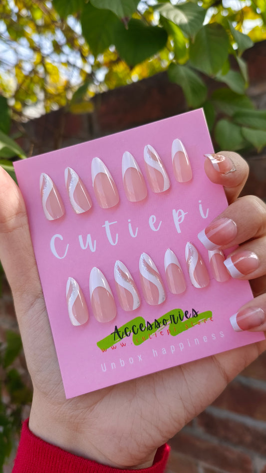 Glow Up: White Almond Spiral French Nails (24pcs with application kit)