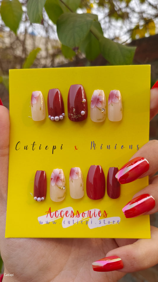 Scarlet Bloom: Red Floral Nails with Pearls – 24pcs with Application Kit