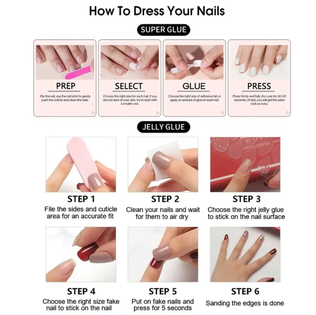 Step-by-step guide on how to dress nails with text and images of hands performing each step.