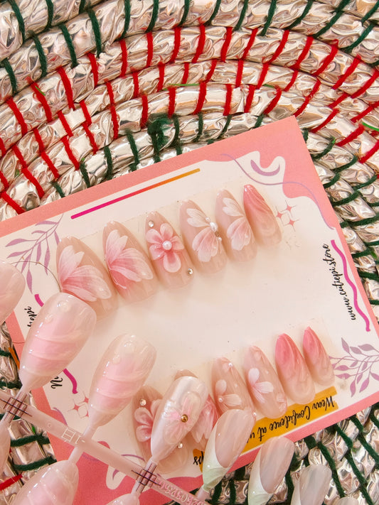 Floral Pink- Premium 3d Handmade Nails with Application kit