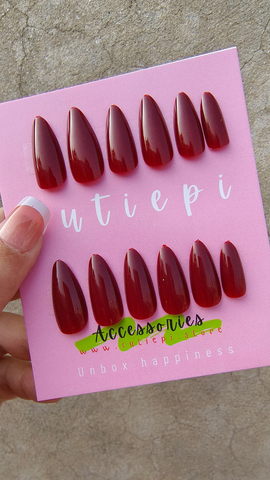 Luxe Almond-Shaped Dark Maroon Nail Set 24pcs with Application Kit