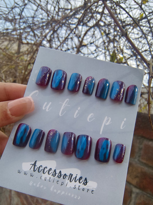 Mystic Purplish Blue Cat Eye Square Nails – 24pcs with Kit ✨💙