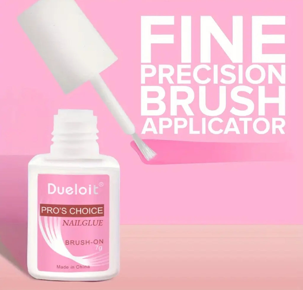 Dueloit Pro's Choice Nailglue bottle with fine precision brush applicator on a pink background