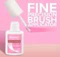 Dueloit Pro's Choice Nailglue bottle with fine precision brush applicator on a pink background