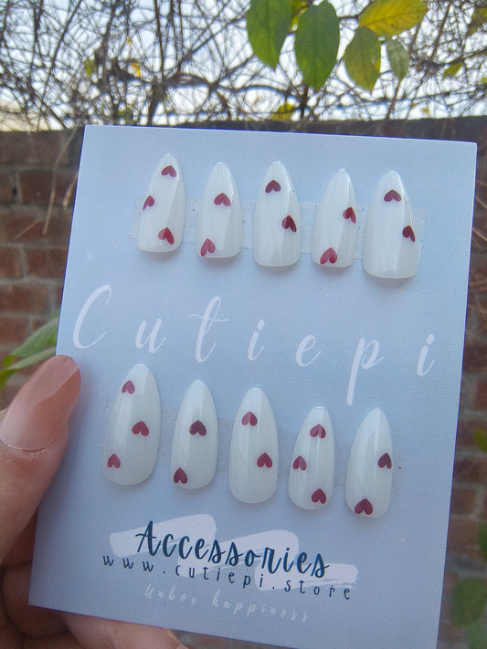 Sweetheart Touch – 24pcs White Almond Nails with Tiny Red Hearts & Application Kit