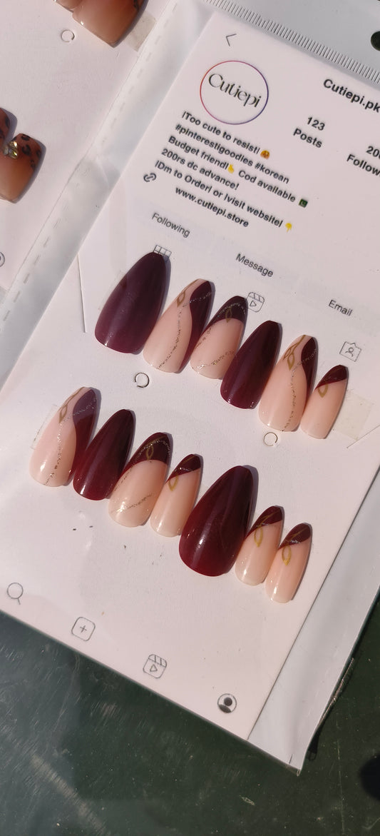 Maroon Swirl Glitter Almond Nails - 24pcs with Application Kit