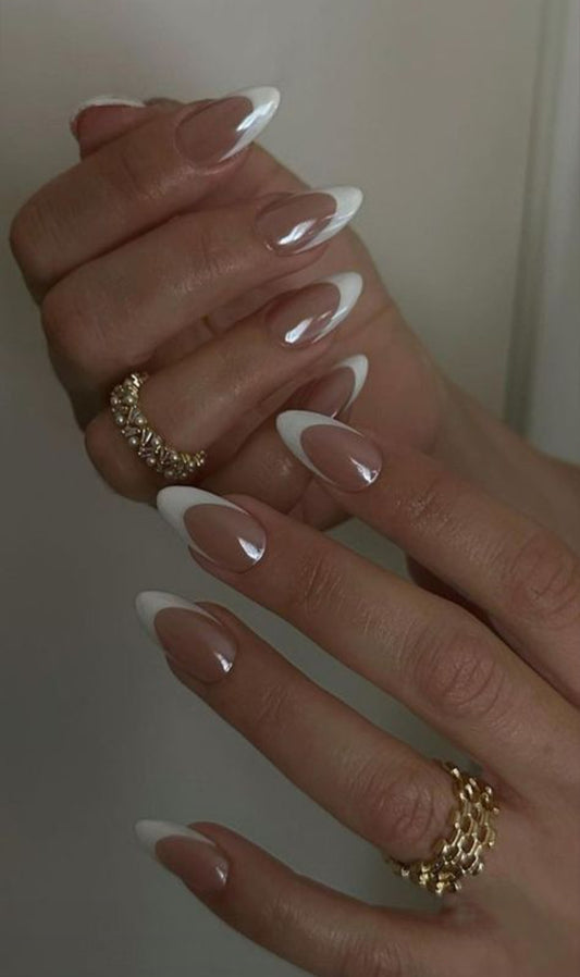 Glaze French-20 pcs Handmade Shiny French Nails with Application Kit