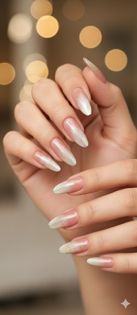 Glitter French– 15pcs Premium Long Cat eye Nails with Application Kit
