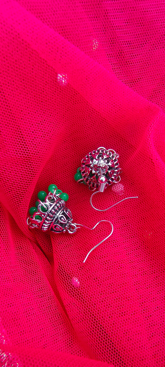 Emerald Elegance Silver Jhumki