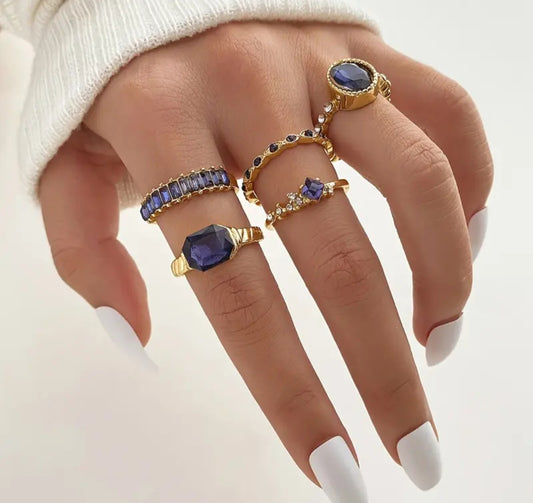 Pack of 5 Stainless Steel Blue Zircon Ring Set