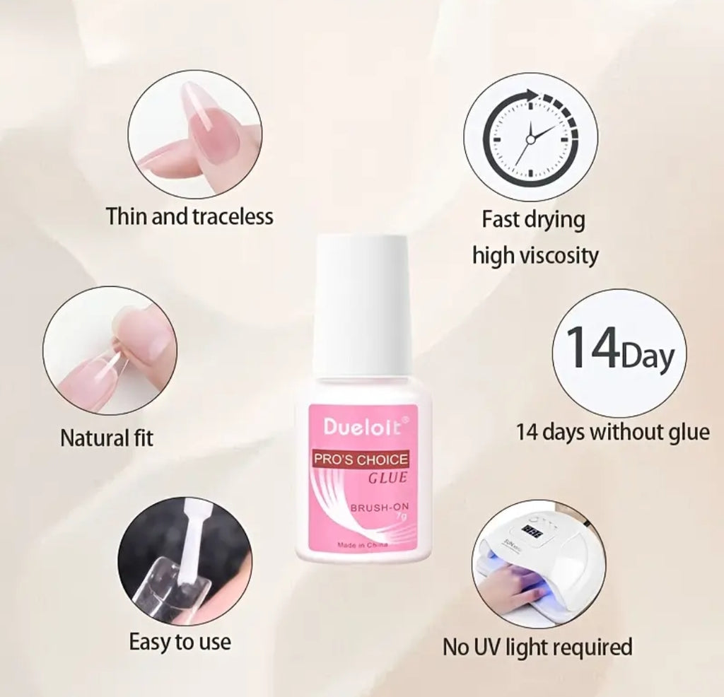 DuoLol Pro's Choice Glue bottle with features listed on a beige background