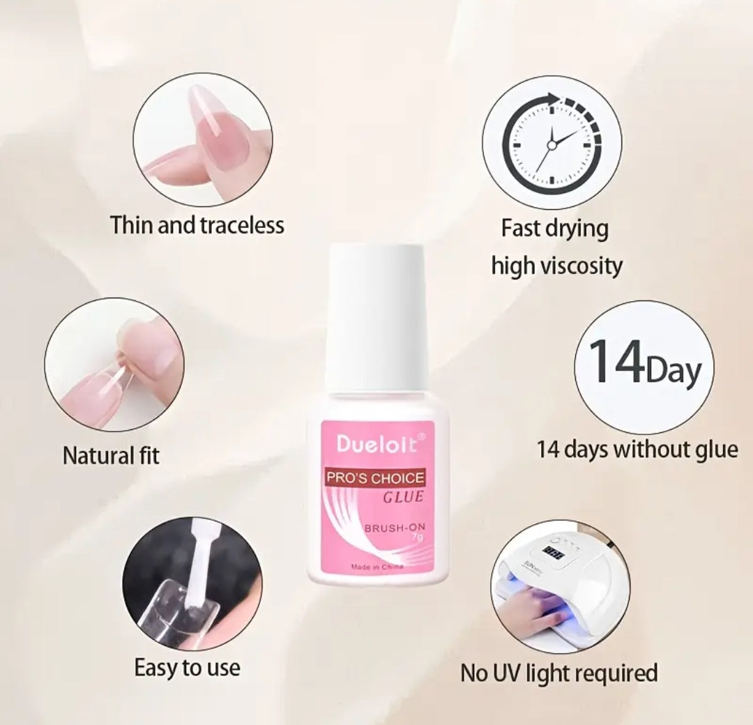 DuoLol Pro's Choice Glue bottle with features listed on a beige background