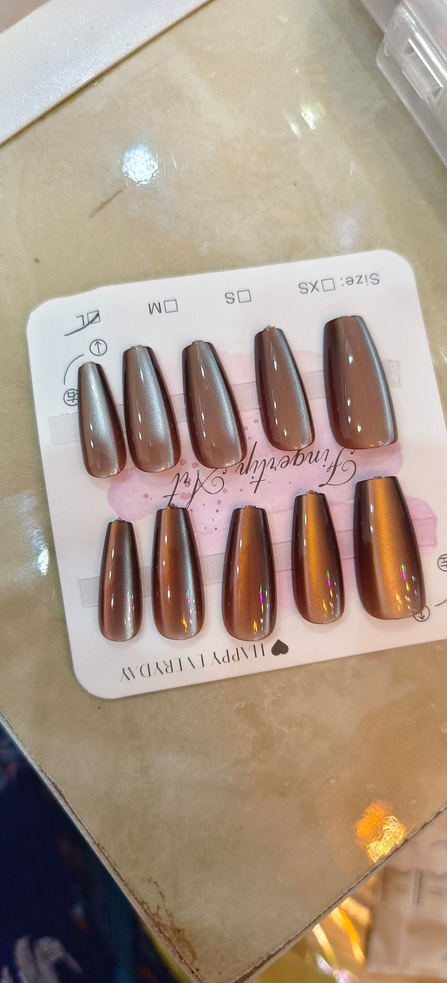 Mocha Beam – 10pcs Brownish Cat Eye Square Nail Set with Application Kit