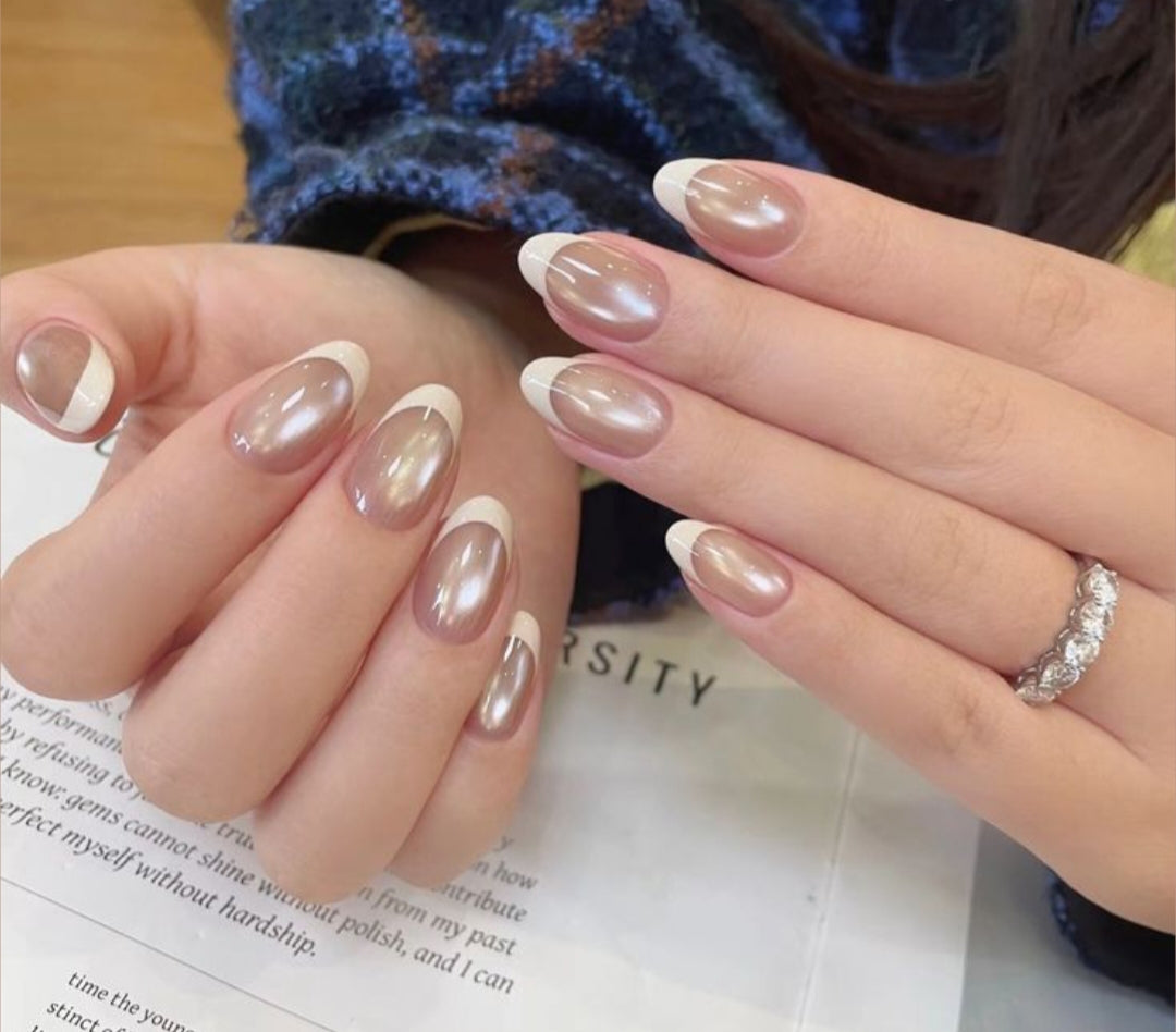 Bridal French- 15 pcs Handmade cat eye nails with application kit