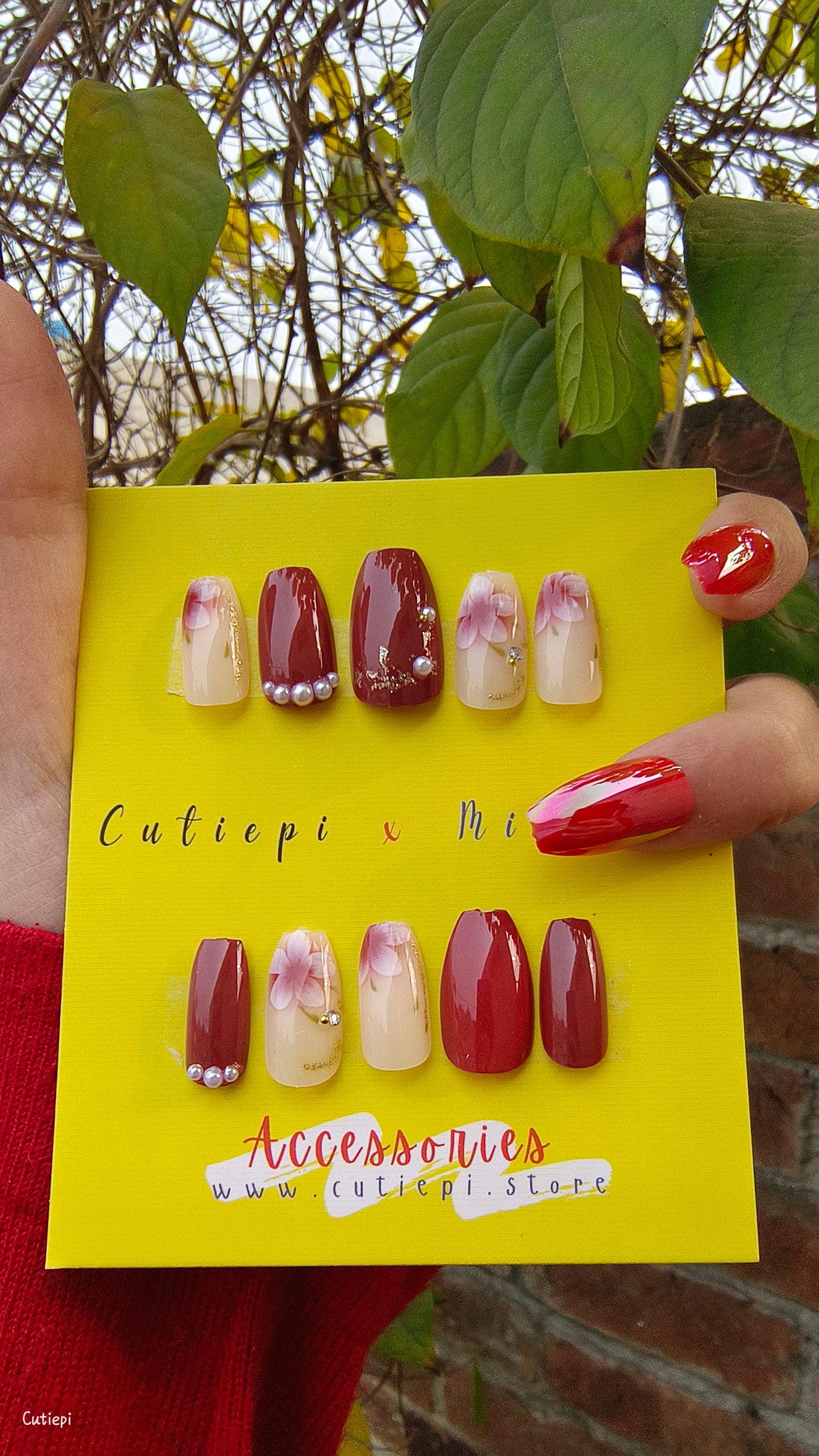 Scarlet Bloom: Red Floral Nails with Pearls – 24pcs with Application Kit