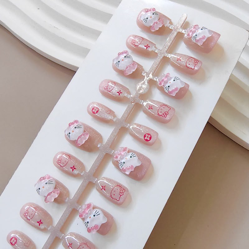 Pink bling- 15pcs Cat eye nails with application kit