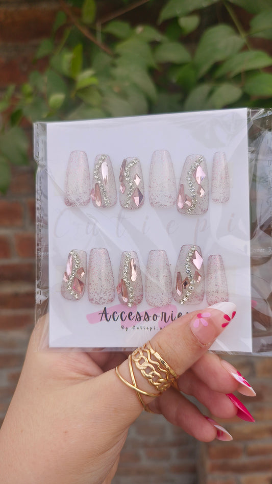 💗 Transparent Pink Pearl Long Nails – Elegance with a Glossy Glow 💅✨