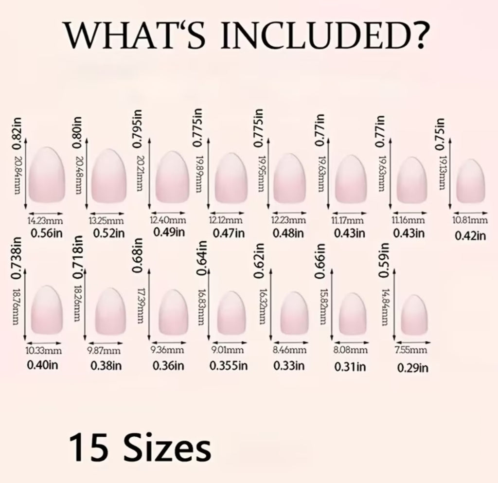 Nail tip size chart with measurements and 15 sizes listed