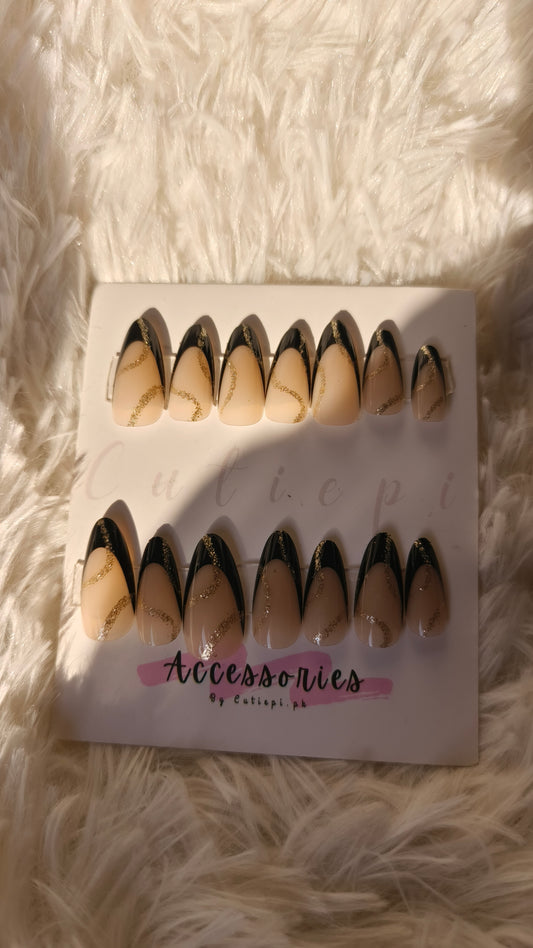 Black Tip with Golden Glitter Strips Press-On Nails – 24PCS Glam Style