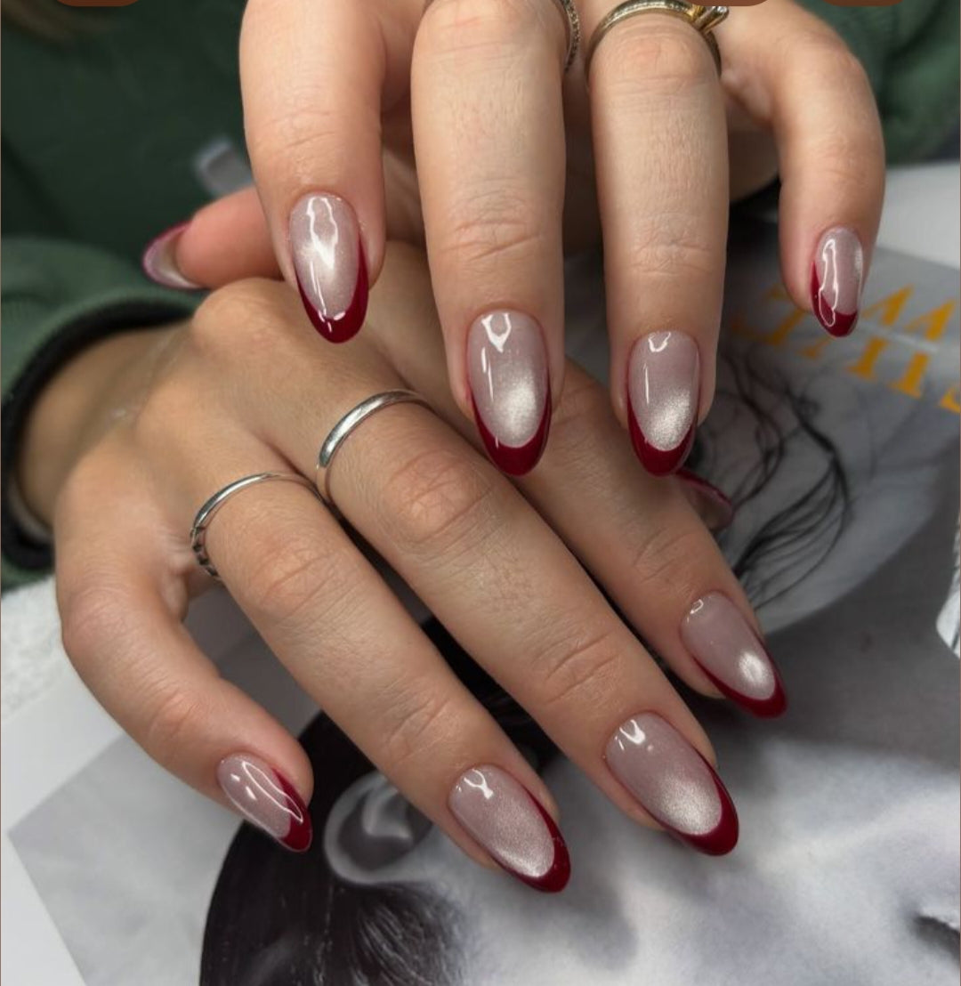 Scarlet Shine– Red French Cat eye Nails with Application Kit (Best Seller)