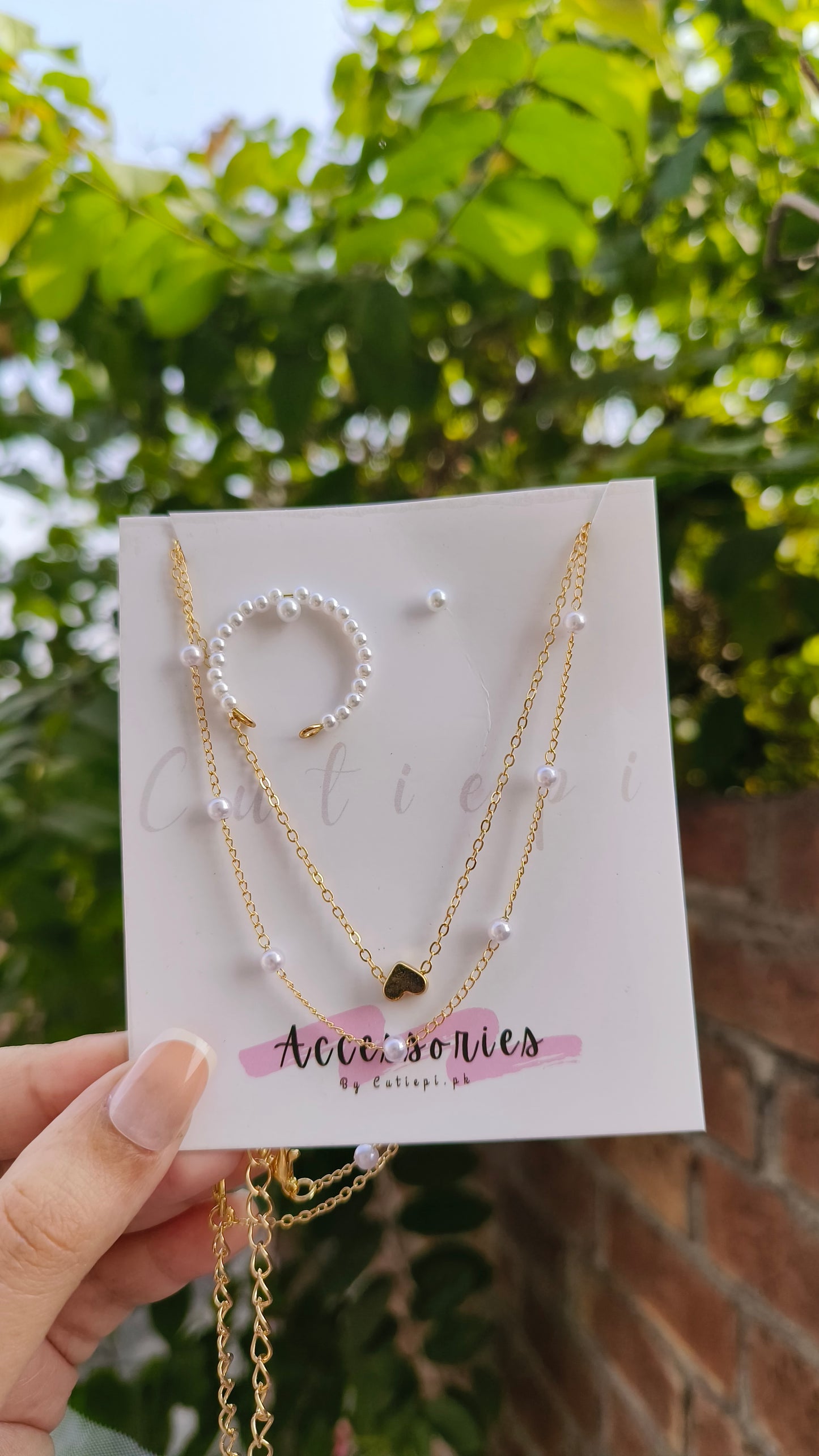 Graceful Pearl Heart Set - 2 Layers Necklace with Earrings & Ring