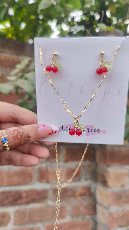 🍒 Cherry Pendant Necklace & Earring Set – Cute & Stylish 3-Piece Jewelry 🌟
