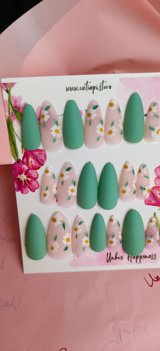 Floral Green- 24 pcs Matte Nails with Application Kit