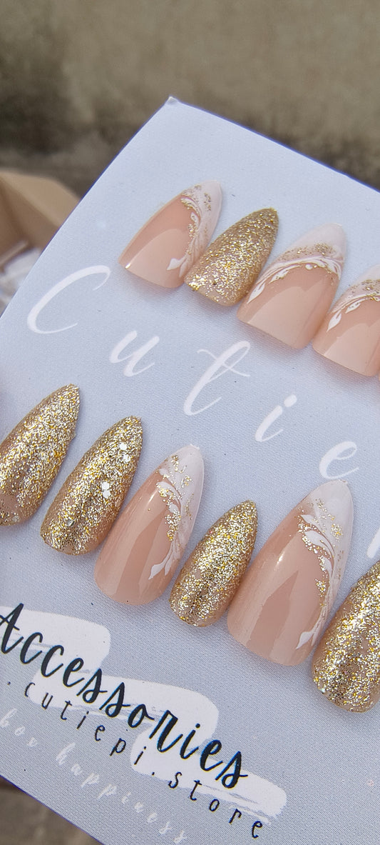 Golden Elegance – 24pcs Bridal Nail Set with Application Kit