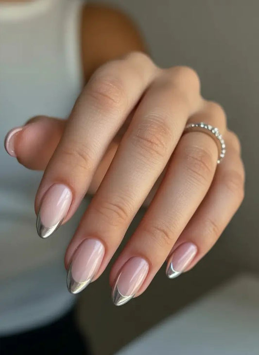 Silver French-Glossy Tip nails with Application Kit